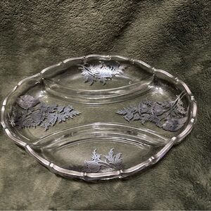 Vintage 3-Part Divided Glass Relish Dish w/ Silver Floral Overlay Hostess Server